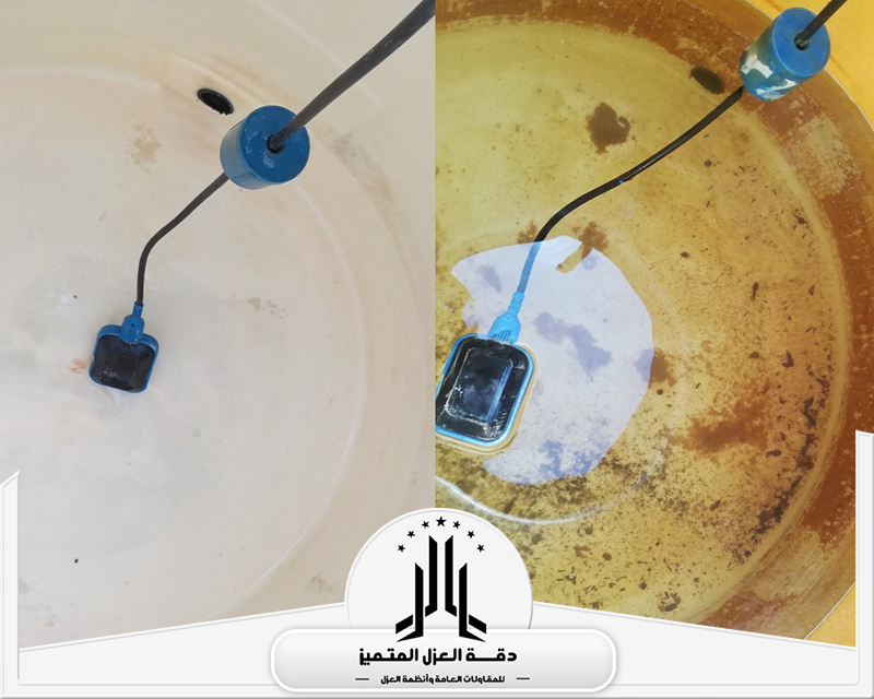 نصائح مهمة للحفاظ على نظافة خزان المياه 0553206678 شركة دقة العزل المتميز مقارنة قبل وبعد تنظيف خزان المياه، حيث يظهر في الجزء الأول تراكم الرواسب والأوساخ داخل الخزان، بينما يظهر الجزء الثاني الخزان بعد التنظيف مع إزالة الشوائب.